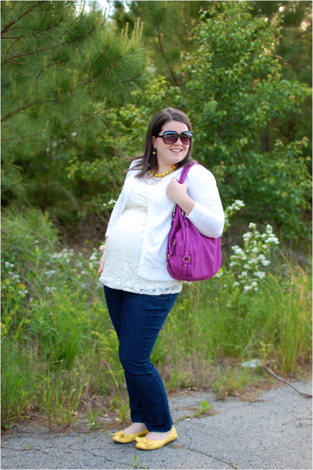 maternity style: lace blouse, white cardigan, yellow and purple accessories
