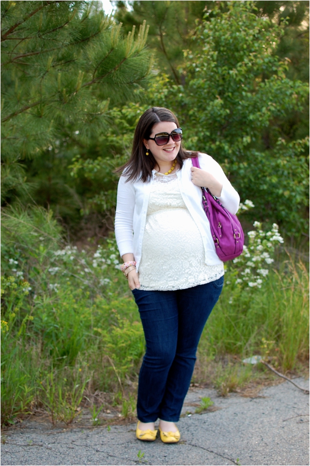 maternity style: lace blouse, white cardigan, yellow and purple accessories