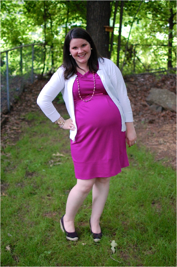 maternity style: white cardigan, wedges, pink dress