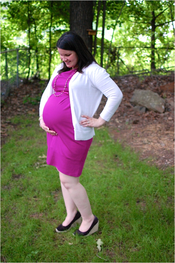 maternity style: white cardigan, wedges, pink dress