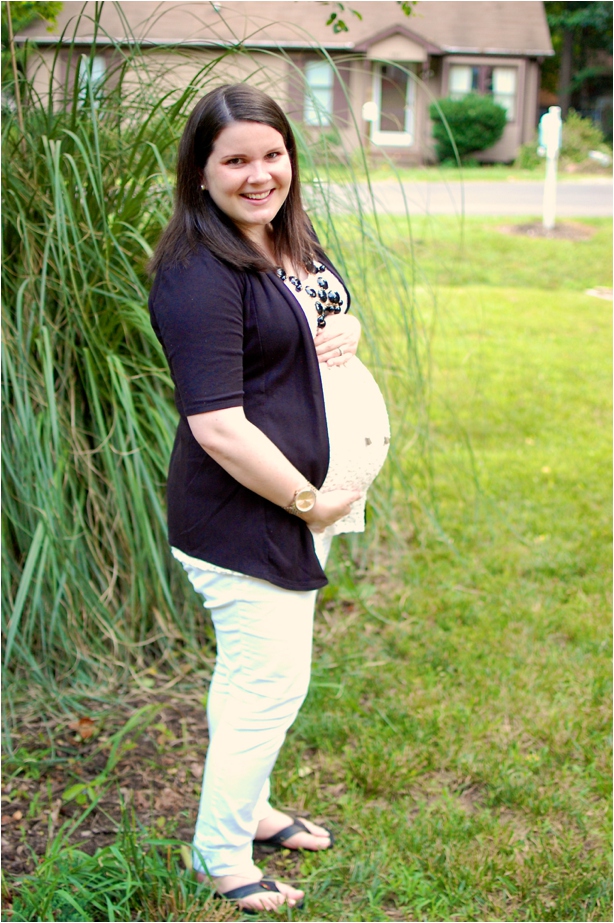 maternity fashion and style: white jeans, ivory crochet top, black cardigan, black bubble necklace