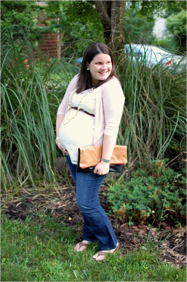 preppy maternity style: lace top, blush cardigan, fold-over clutch