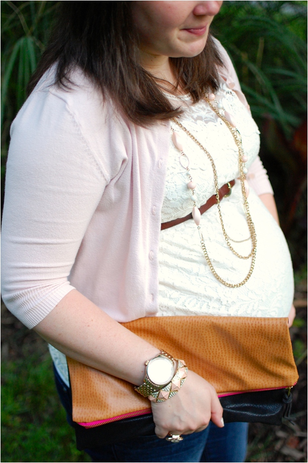 preppy maternity style: lace top, blush cardigan, fold-over clutch