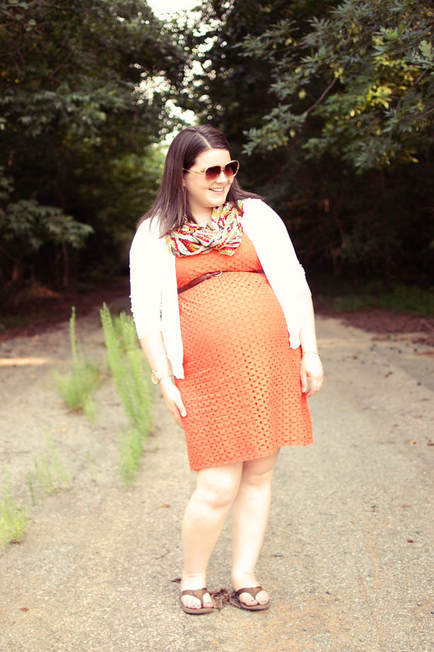 third trimester maternity style: orange eyelet dress, cardigan, summer scarf
