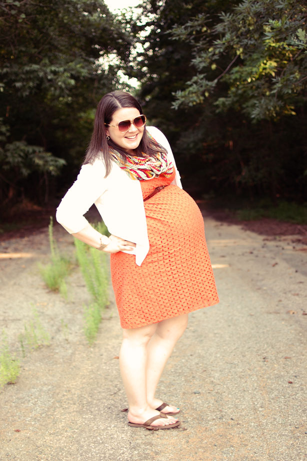 third trimester maternity style: orange eyelet dress, cardigan, summer scarf