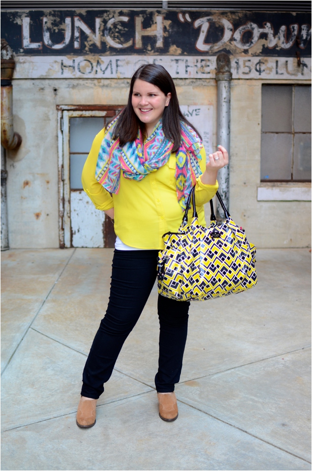 Fall Fashion | Yellow blouse, black jeans, tribal scarf, Kate Spade diaper bag