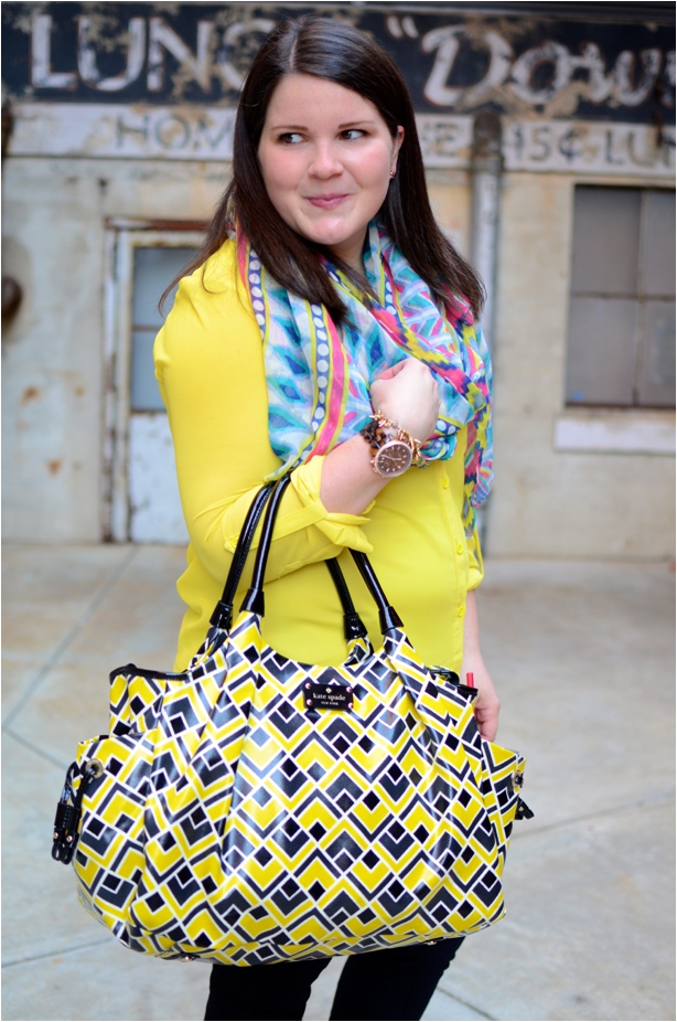 Fall Fashion | Yellow blouse, black jeans, tribal scarf, Kate Spade diaper bag