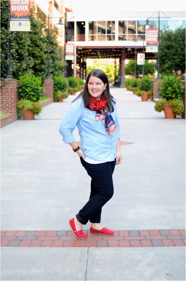 Fall Fashion - Chambray, Black Jeans, Scarf, Red TOMS