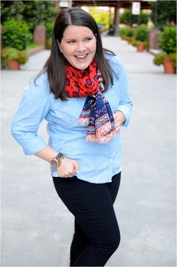 Fall Fashion - Chambray, Black Jeans, Scarf, Red TOMS