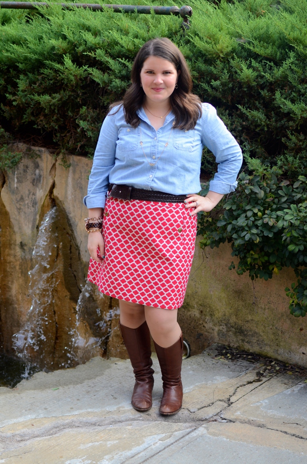 Fall Fashion - Chambray shirt, pink quatrefoil skirt, riding boots
