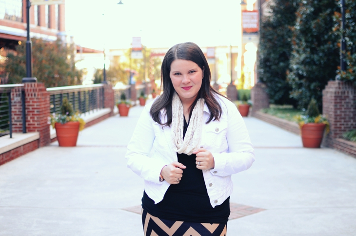 Fall Fashion | Campfire Chevron Maxi Skirt, White Denim Jacket, Black and Lace Infinity Scarf