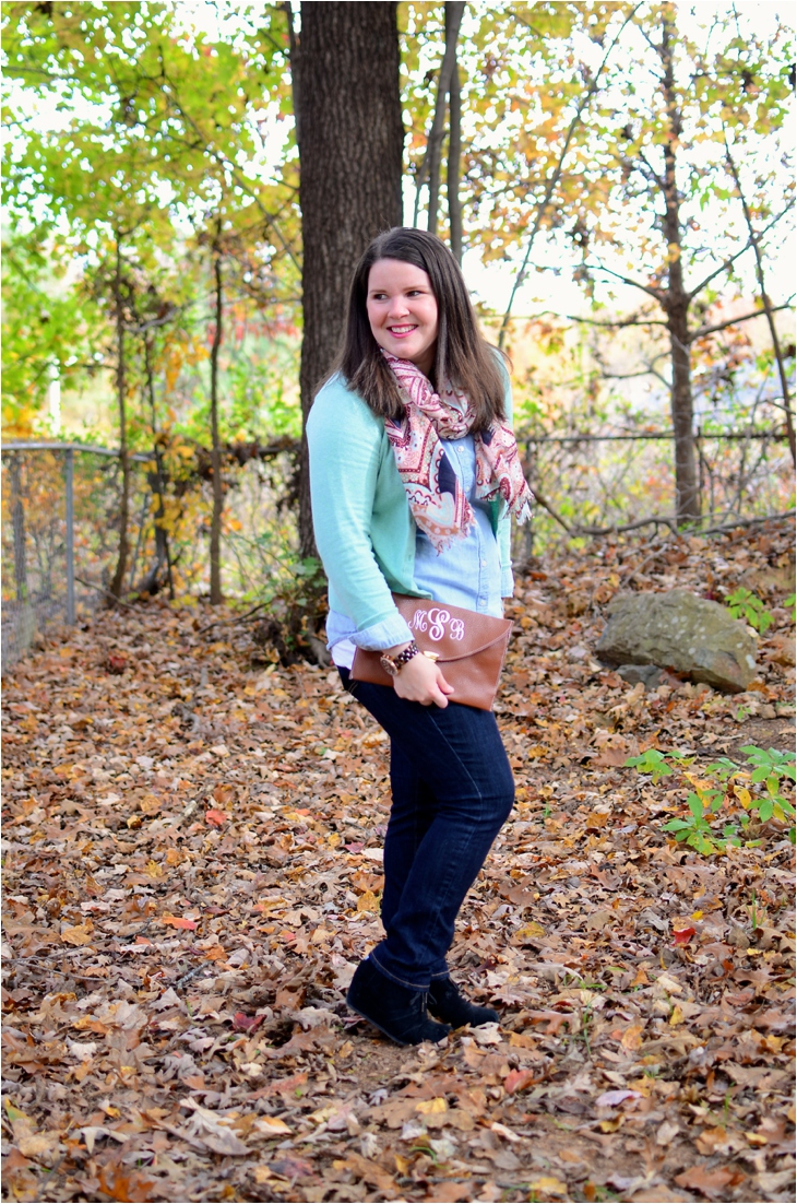 Fall Fashion - mint cardigan, chambray shirt, paisley embroidered scarf, monogrammed clutch, TOMS wedge booties