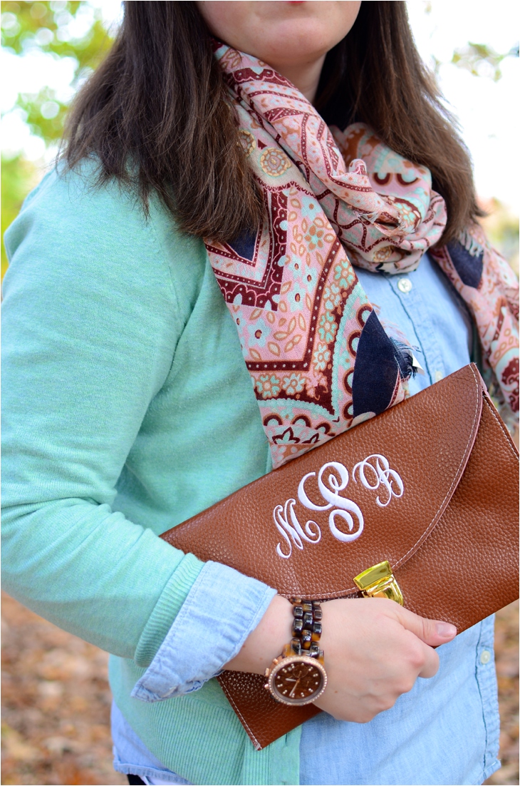 Fall Fashion - mint cardigan, chambray shirt, paisley embroidered scarf, monogrammed clutch