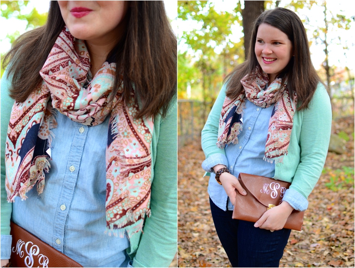 Fall Fashion - mint cardigan, chambray shirt, paisley embroidered scarf, monogrammed clutch