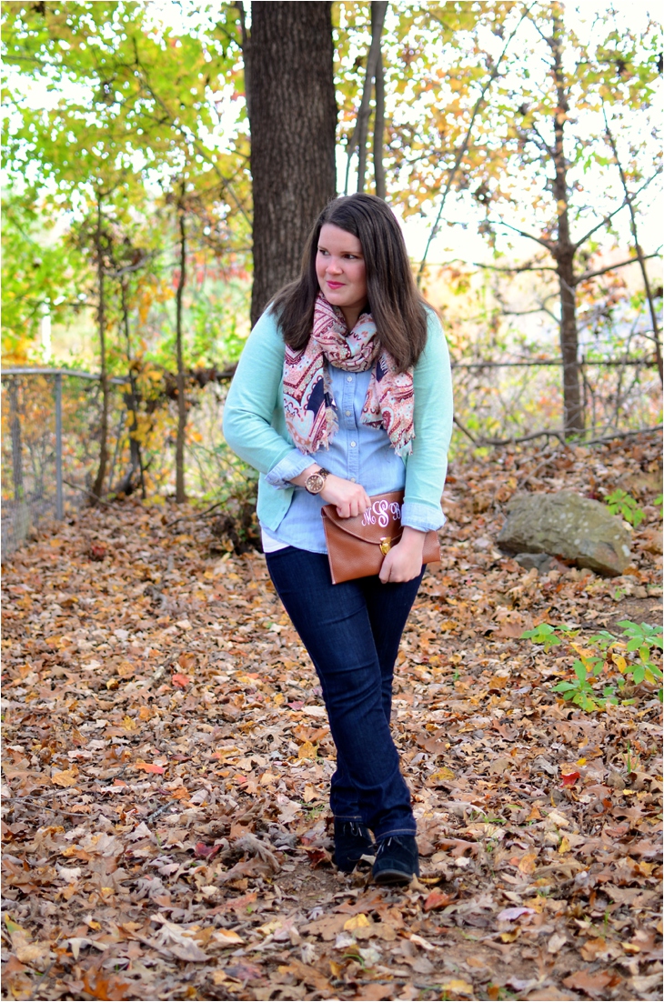 Fall Fashion - mint cardigan, chambray shirt, paisley embroidered scarf, monogrammed clutch, TOMS wedge booties