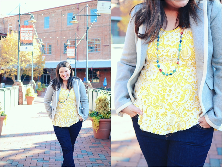 Fall Fashion | Anthropologie yellow lace peplum top, gray J.Crew blazer jacket, jeans