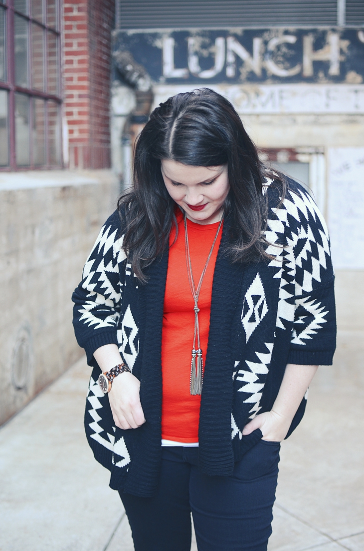 Fall & Winter Style: black and white aztec sweater, black jeans, black TOMS wedges, tassel necklace
