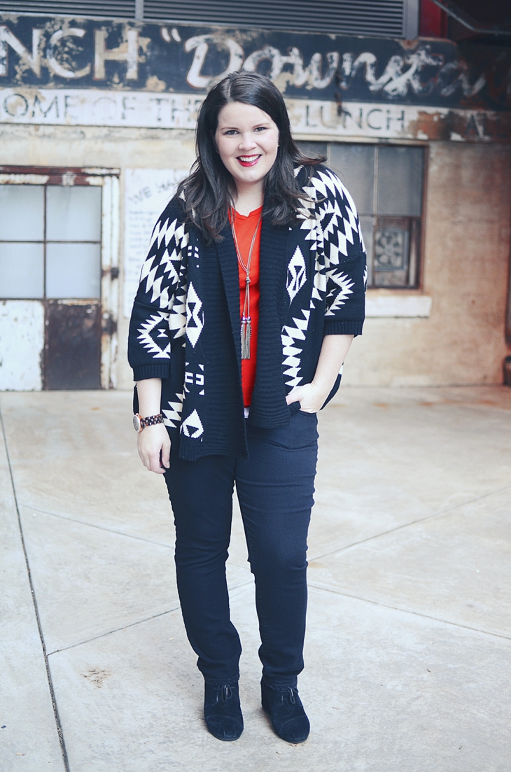 Fall & Winter Style: black and white aztec sweater, black jeans, black TOMS wedges, tassel necklace