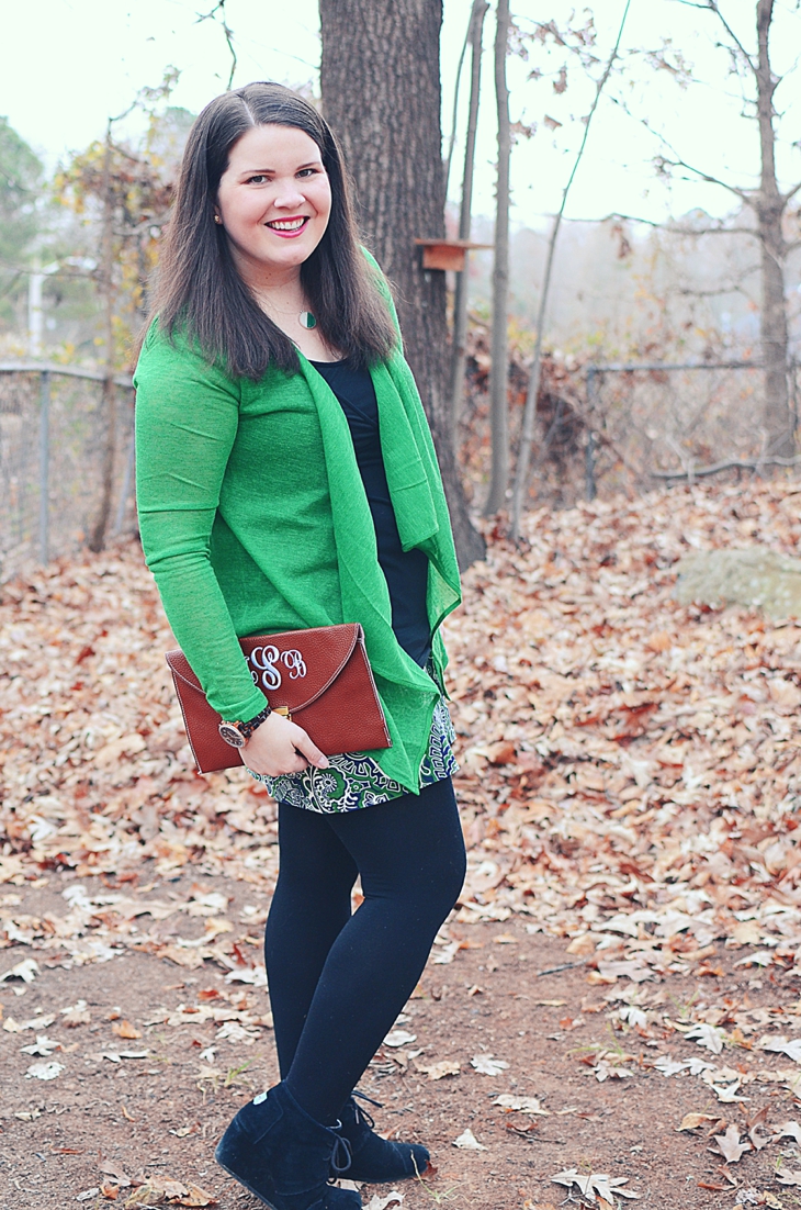 Fall Fashion | We've Built Tech Angles Necklace, green lace me away cardigan, paisley mini skirt, TOMS wedges