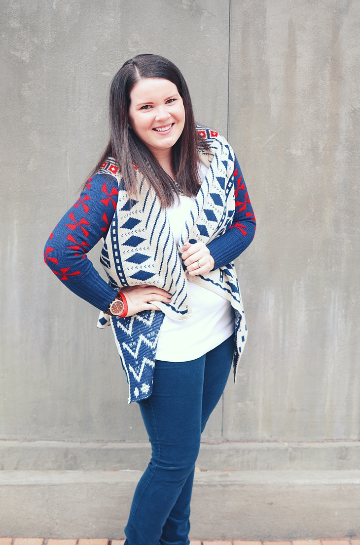 Winter Fashion | Oakleigh Rose Liberty Cardigan, navy cords, red TOMS