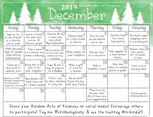 December 2019 Random Acts of Kindness Calendar | FREE PRINTABLE